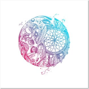 Dual Color Skull and Dreamcatcher Circle Posters and Art